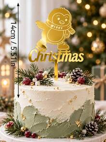 3件組金色鏡面壓克力聖誕蛋糕裝飾插牌,雷雕溜冰企鵝圖案與Merry Christmas字母,適用於聖誕派對、冬季慶祝與甜點桌節日蛋糕裝飾 - A - 查看 3