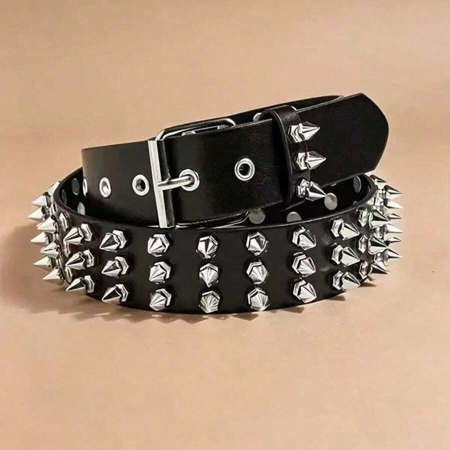 1pc Women's Punk Studded Cool Rock Heavy Metal Dark Style Leather Belt - Black - View 1