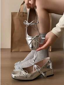 Sweet Cool Ballet Style Silver Square Toe Mary Jane Shoes With Bow, French Girl Aesthetic, Versatile Women's Shoes For Dating, Commuting And Preppy Style, Spring/Autumn - Silver - View 2