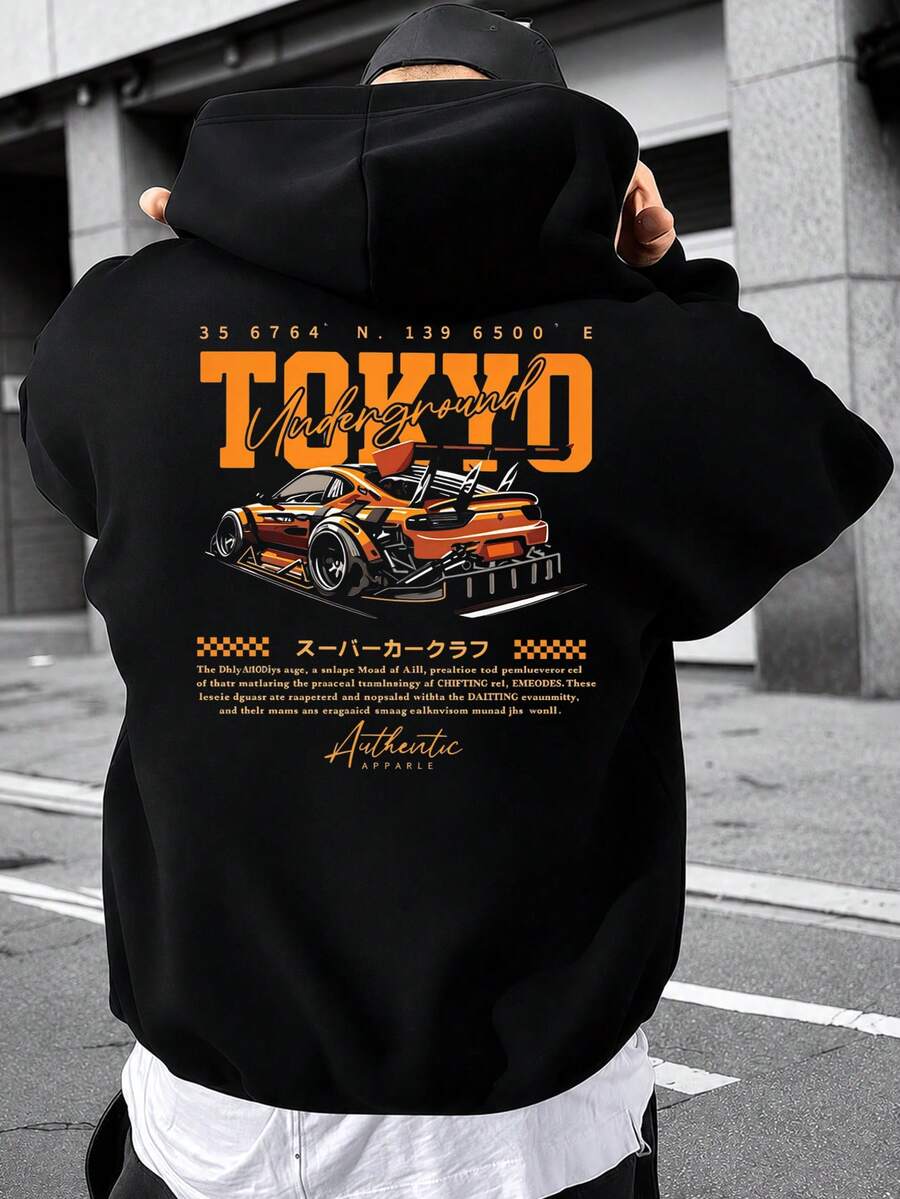 [Men's Plus Size] Men's Casual Streetwear Racing Element Slogan Print Drop Shoulder Loose Fit Hoodie With Pockets And Drawstring, Autumn/Winter - Black - View 1