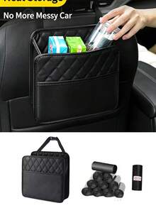 Multifunctional PU Leather Car Seat Storage Set [PU Leather Storage Bag + Trash Bag], Fashionable Hanging Backrest Storage Box, Suitable For Car Interior Organization And Protection, Foldable Trash Can, Fits All Car Models Car Accessories - Multicolor - View 2