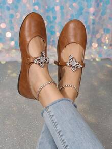Elegant Rhinestone Butterfly Decor Buckle Shallow Women's Shoes, Exquisite Butterfly Rhinestone Embellishment, Minimalist Round Toe, Versatile Girly Style Women's Shoes - Light Brown - View 2