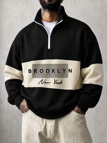 Men's Autumn/Winter Casual Fashion Versatile Colorblock Minimalist English Print Comfortable Half-Zip Long Sleeve Sweatshirt - Black - View 3