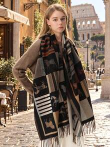 1pc Women's Animal Pattern Elegant Versatile Casual Polyester Scarf, Suitable For Autumn/Winter Daily Wear - Black - View 4