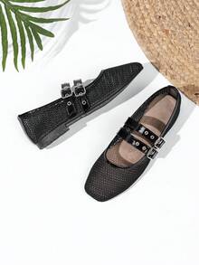 Women's Mary Jane Mesh Ballet Shoes With Double Straps And Soft Sole - Black - View 5