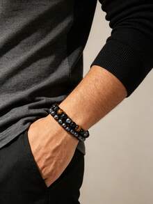 2/4pcs Men Beaded Stackable Bracelet Set, Tiger Eye & Obsidian Hematite Stone, Minimal Retro Casual Style, Bead Wristband, All Season Daily Accessory - Multicolor - View 5