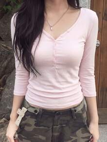 女款素色休閒長袖T恤，適合日常穿著 - 粉色 - 查看 2
