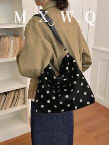 Tas Tote Wanita Minimalis Motif Polkadot, Tas Bahu Ringan untuk Aktivitas Sehari-hari - Hitam - View 1