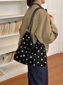Tas Tote Wanita Minimalis Motif Polkadot, Tas Bahu Ringan untuk Aktivitas Sehari-hari - Hitam - View 2