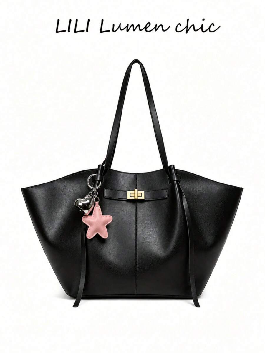 Gold Buckle Star & Heart Pendant Decor Tote Bag, Shoulder Handbag, Buckle Closure, Minimalist Luxury Style, Large Capacity Wing-Shaped Tote Bag, Suitable For Women's Commuting, Office And Daily Use - Black - View 1