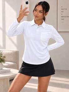 Women's Long Sleeve Polo Shirt Classic Collar Button Front Pocket Casual Top - White - View 5