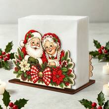 1pc Santa Claus Couple Wooden Napkin Holder, Vintage Plaid Bow Bell Holly Berry Design Desktop Tissue Box, Christmas Table Napkin Storage Box, For Kitchen Dining Room Party Decoration - View 6