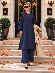 Women's Elegant Black Modest Two Piece Set – Pearl Detail Long Tunic & Wide Leg Pants – Chic Autumn - Navy Blue - View 1
