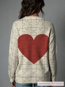 ASHKATIA Women's Plus-Size Vintage Cardigan Sweater, Fall Winter Knit For Social Occasions Heart Puzzle Pattern - Multicolor - View 5