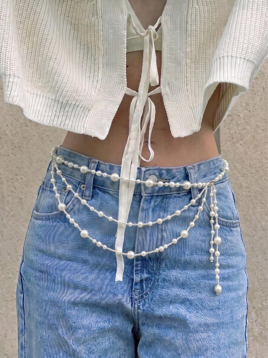 1pc Vintage French Minimalist Elegant Faux Pearl Beaded Waist Chain For Women, Fashionable Multi-Layer Stackable Round Bead Tassel Body Chain - Pearl - View 1