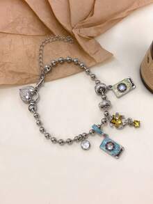 1pc Vintage Tarot Card Element Star Heart Lock Beaded Bracelet, Sweet Cool Girl Personalized Hip Hop Style Versatile Alloy Hand Jewelry Accessory - Multicolor - View 4