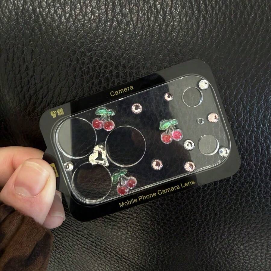 Luxury Shiny Rhinestone Pink Cherry Leaf Fruit Clear Camera Lens Film, Compatible With Iphone 17/18 Pro Max/17/18 Pro, Fresh And Fashionable, Full Coverage Lens Protector - Clear - View 1