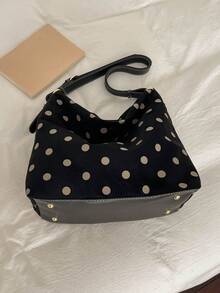 Tas Tote Wanita Minimalis Motif Polkadot, Tas Bahu Ringan untuk Aktivitas Sehari-hari - Hitam - View 8