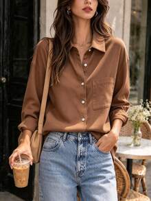 2026 Early Autumn Fashion Commute & Outing Basic Cotton Long Sleeve Shirt, Solid Color Minimalist Button-Down Elegant Blouse For Women - Mocha Brown - View 3