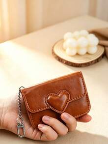 1pc Vintage Heart-Shaped Mini Card Holder, Exquisite PU Leather Compact Design With Hanging Chain, Can Store Bank Cards And Access Cards, Suitable For Daily Commute And Shopping, Simple Cute Mini Card Sleeve Coin Purse - Multicolor - View 4
