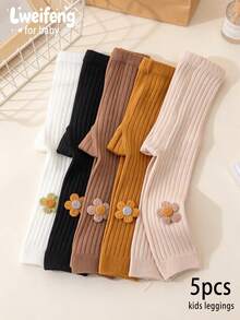 5/3/1pcs Cute Floral Decor 9/10 Length Tights, Children's Ribbed Elastic Leggings, Suitable For Girls' Daily Wear - Multicolor - View 2