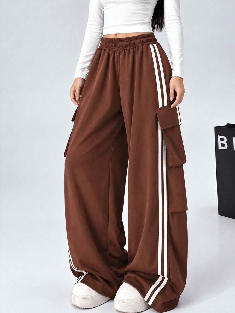 1pc Tween Girls' Loose Fit Side Stripe Cargo Wide Leg Pants, Relaxed Casual Trousers For Daily Wear & Commute - Brown - View 1