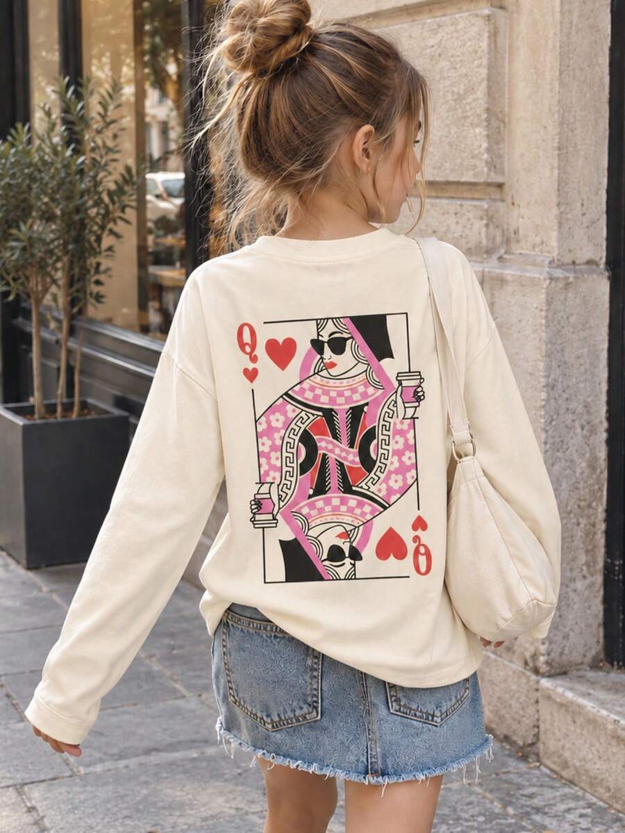 Tween Girl 1pc Printed Long Sleeve T-Shirt, Suitable For Girls' Autumn/Winter Top, Young Student Children's Clothing, Suitable For Outerwear And Layering - Apricot - View 1