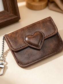 1pc Vintage Heart-Shaped Mini Card Holder, Exquisite PU Leather Compact Design With Hanging Chain, Can Store Bank Cards And Access Cards, Suitable For Daily Commute And Shopping, Simple Cute Mini Card Sleeve Coin Purse - Multicolor - View 9