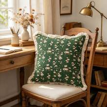 1PC Green Background Floral Print Tassel Square Pillow Cover, Double-Sided Printing, American Country Style, Used For Sofa Bedroom Home Decoration, Versatile Decorative Pillow Cover(Excluding Pillow Core)-Size Excludes 3cm Tassels - Multicolor - View 8