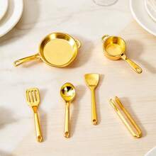 Bộ dụng cụ nhà bếp mini 1:12, nồi mini màu vàng & bạc, xẻng, thìa, kẹp, đồ trang trí nhà bếp búp bê, phụ kiện mô hình dụng cụ nấu ăn bằng hợp kim, đạo cụ chơi đồ ăn DIY diorama, đạo cụ chụp ảnh, dụng cụ nhà bếp mini - A - Xem 6