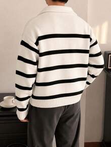 1pc Boys' Teenagers Simple Versatile Street Outdoor Daily Campus Style Sporty Colorblock Pullover Zip-Up Turn Collar Long Sleeve Sweater - White - View 2
