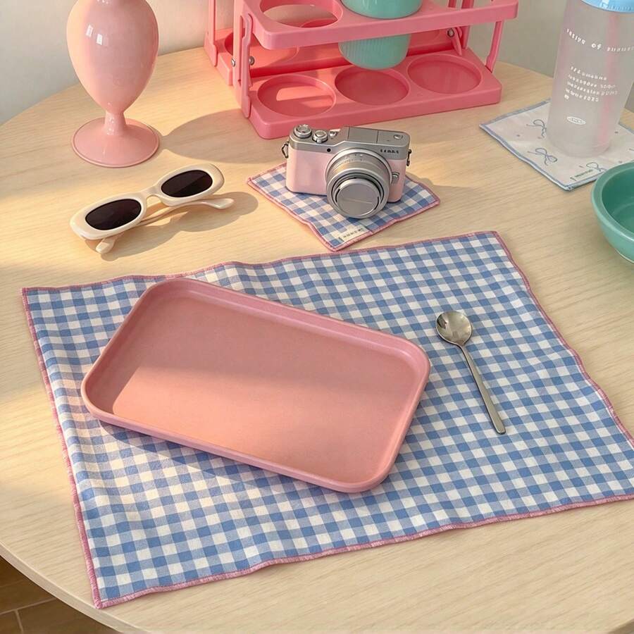 1/2/6pcs Ins Style Minimalist Sweet Cute Blue Plaid Fabric Placemats Napkins Decorative Pads For Kitchen Living Room, Suitable For Festivals And Weddings - Multicolor - View 1