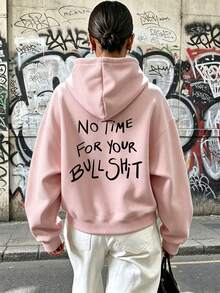 Women's Fashion Autumn/Winter Hooded Sweatshirt, Printed With "No Time For Your" Text, Soft And Comfortable, Fleece Autumn/Winter Top Pink Casual Fall - Pink - View 3