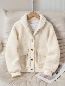 Cream White Girls' Lamb Fleece Cardigan, Stylish Fuzzy Jacket, Autumn/Winter - Apricot - View 1