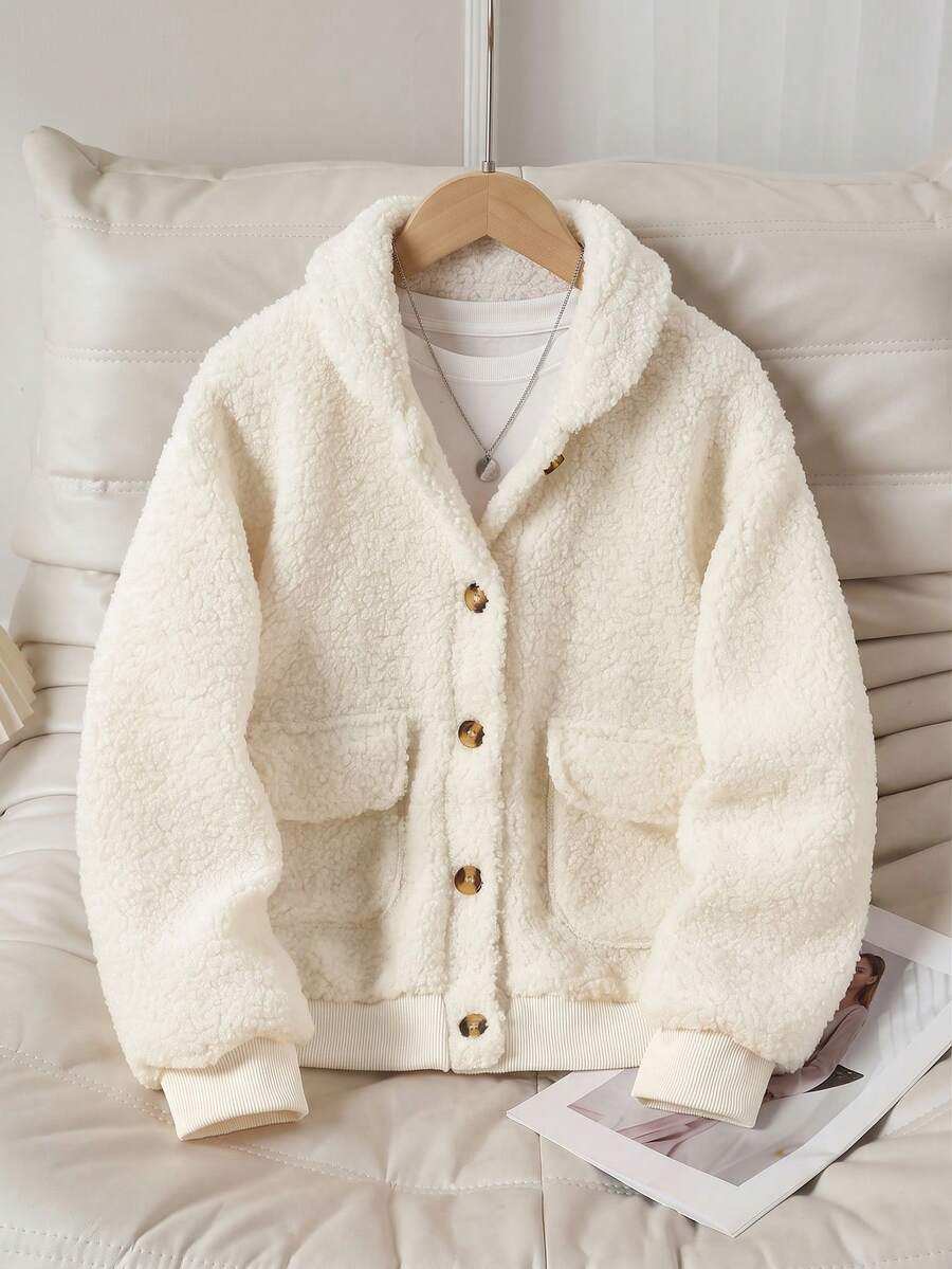 Cream White Girls' Lamb Fleece Cardigan, Stylish Fuzzy Jacket, Autumn/Winter - Apricot - View 1