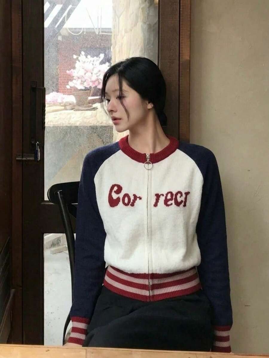 Contrast Stripe Letter Graphic Zip Up Sweater Cardigan, Long Sleeve Knit, Ribbed Trim, Blue, Cream And Burgundy, Casual Fall/Winter Layering Top - Blue - View 1