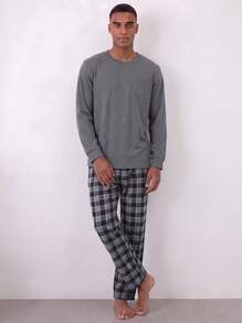Snug League 2pcs Men's Plus Size Casual Loose Minimalist Pullover Sweatshirt With Pockets & Plaid Lounge Pants Pajama Set, Suitable For Spring - Light Grey - View 2