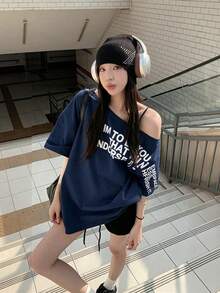 Summer Off Shoulder Top, Loose Mustard Yellow Asymmetrical Shoulder Letter Print Short Sleeve T-Shirt Casual - Navy Blue - View 1