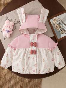 Autumn/Winter Cute Baby Girl Jacket With Rabbit Ears Hood, Bowknot And Bear Design, Outdoor Jacket - Multicolor - View 1