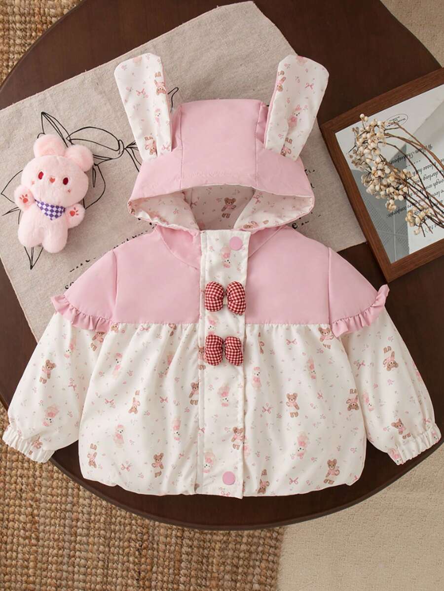 Autumn/Winter Cute Baby Girl Jacket With Rabbit Ears Hood, Bowknot And Bear Design, Outdoor Jacket - Multicolor - View 1