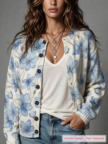 ASHKATIA Big Floral Pattern Women's Plus-Size Vintage Cardigan Sweater, Fall Winter Knit For Social Occasions - Multicolor - View 3