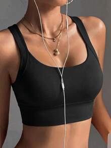 Women's Sports Bra, U-Neck Wide Straps, Back Cross-Strap Design, Medium Support High Elasticity Gym Yoga Cropped Sports Bra, Black - Black - View 3
