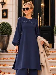 Women's Elegant Black Modest Two Piece Set – Pearl Detail Long Tunic & Wide Leg Pants – Chic Autumn - Navy Blue - View 5