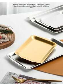 MiLaiWP 1pc Stainless Steel Rectangular Tray, Rust-Resistant, Easy To Clean And Durable, Multi-Functional Stainless Steel Kitchen Storage And Serving Dish, Suitable For Food Prep, Meat Marinating Or Elegant Dessert Platter, Perfect Gift For Families Who Value Kitchen Practicality And Aesthetic Living - Silver - View 3