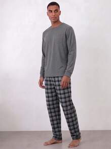 Snug League 2pcs Men's Plus Size Casual Loose Minimalist Pullover Sweatshirt With Pockets & Plaid Lounge Pants Pajama Set, Suitable For Spring - Light Grey - View 1