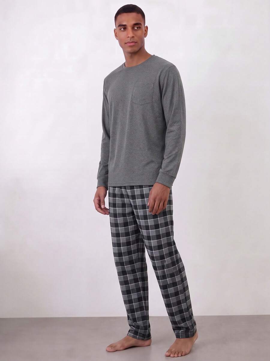 Snug League 2pcs Men's Plus Size Casual Loose Minimalist Pullover Sweatshirt With Pockets & Plaid Lounge Pants Pajama Set, Suitable For Spring - Light Grey - View 1