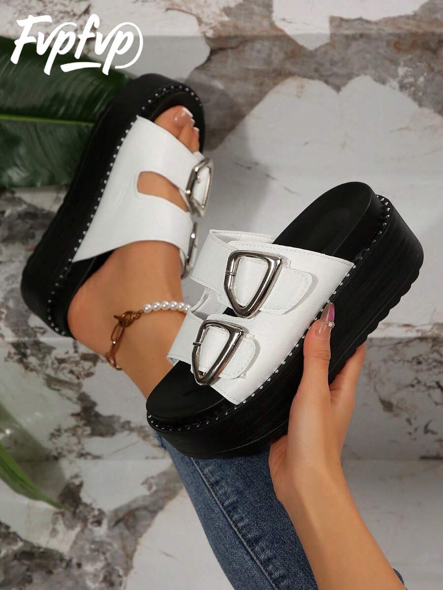 Thick-Sole Slide Sandals With Rhinestones For Women, 2024 Summer New Fashion Outdoor Wear Korean Style Versatile Platform Wedge Slippers,Travel Essential - White - View 1