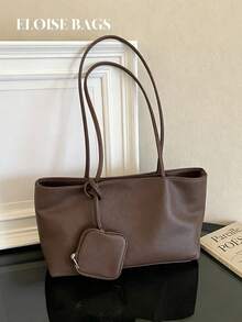 Vintage Brown Tote Bag With Small Square Pouch, Minimalist Large Capacity, Practical Commuter Women's Shoulder Bag - Coffee - View 2