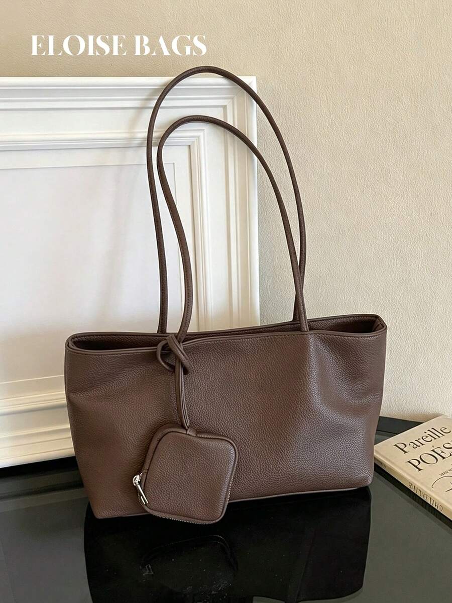Vintage Brown Tote Bag With Small Square Pouch, Minimalist Large Capacity, Practical Commuter Women's Shoulder Bag