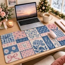 1 buah Alas Mouse Motif Kotak-kotak Biru Pink, Alas Meja Patchwork Bunga Vintage, Permukaan Serat Poliester, Alas Karet Anti Selip, Dekorasi Kantor Rumah yang Estetis, Tersedia 4 Ukuran - View 9